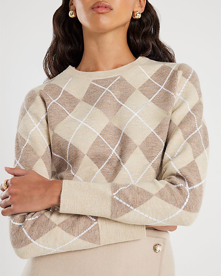 Beige Knitted Long Sleeve Argyle Print Top