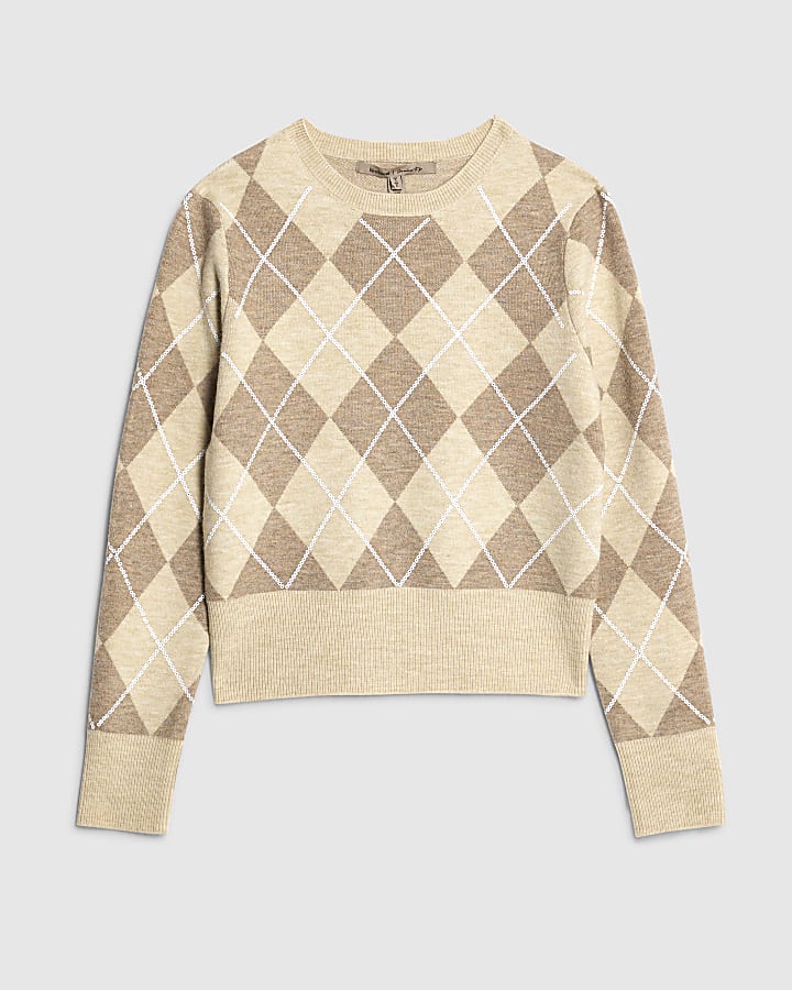 Beige Knitted Long Sleeve Argyle Print Top