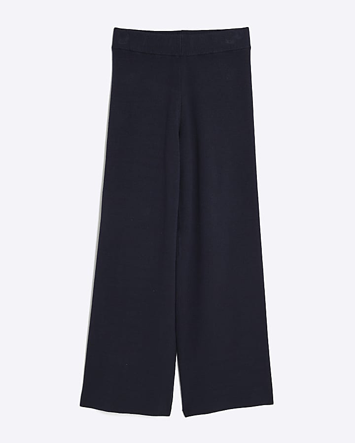 Navy Knitted Wide Leg Trousers