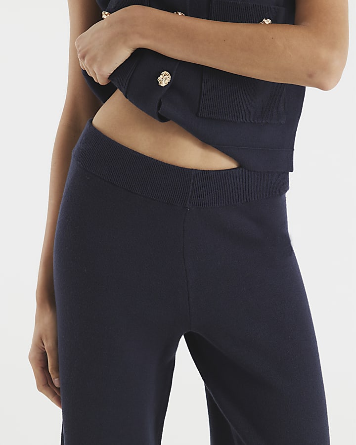 Navy Knitted Wide Leg Trousers
