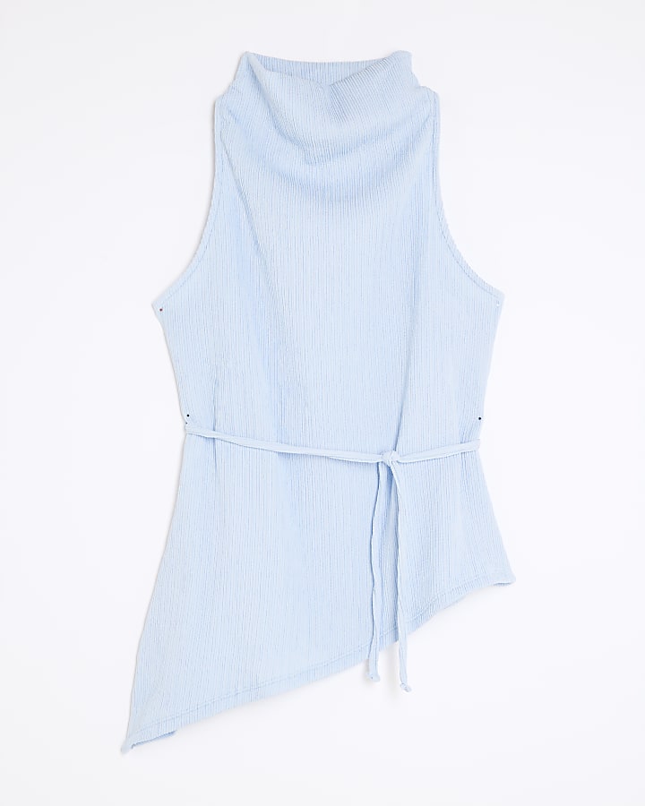 Blue Textured Tie Waist Top