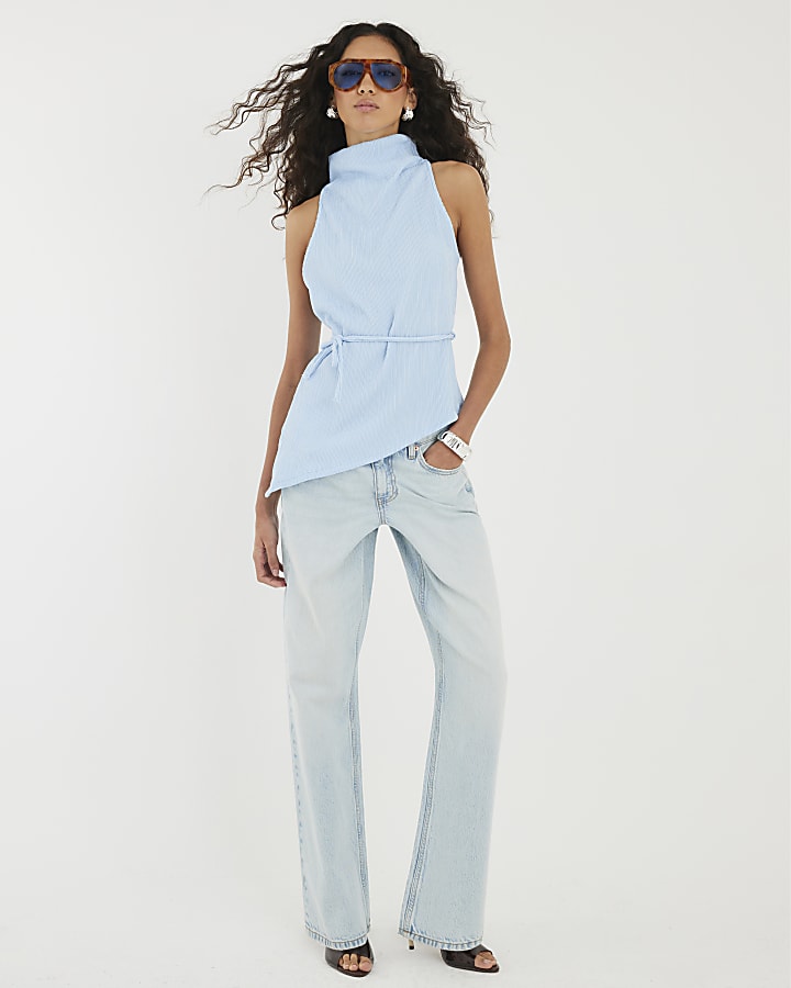 Blue Textured Tie Waist Top