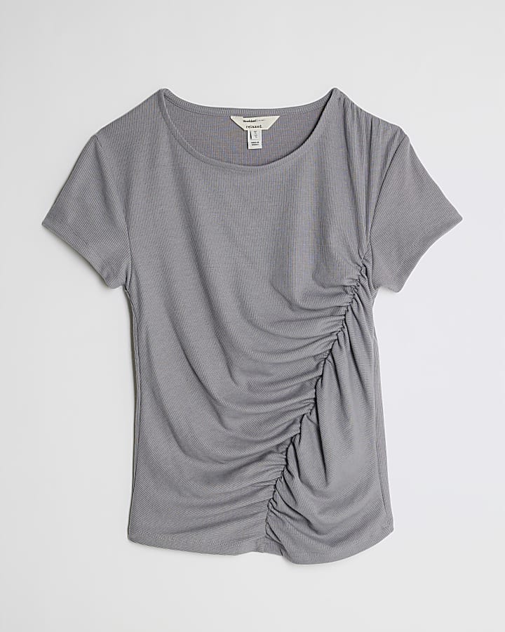 Grey Short Sleeve Gathered Drape Top