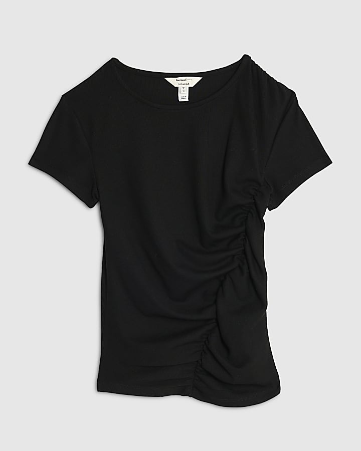 Black Short Sleeve Gathered Drape Top