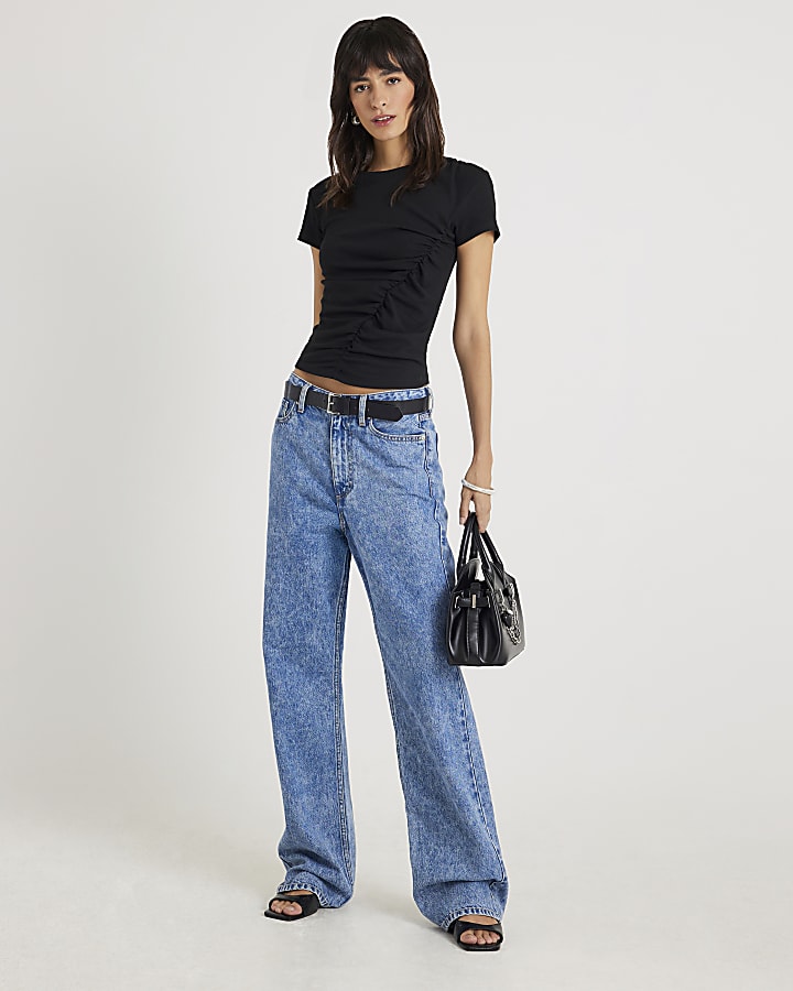 Black Short Sleeve Gathered Drape Top