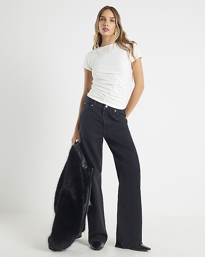 White Short Sleeve Gathered Drape Top