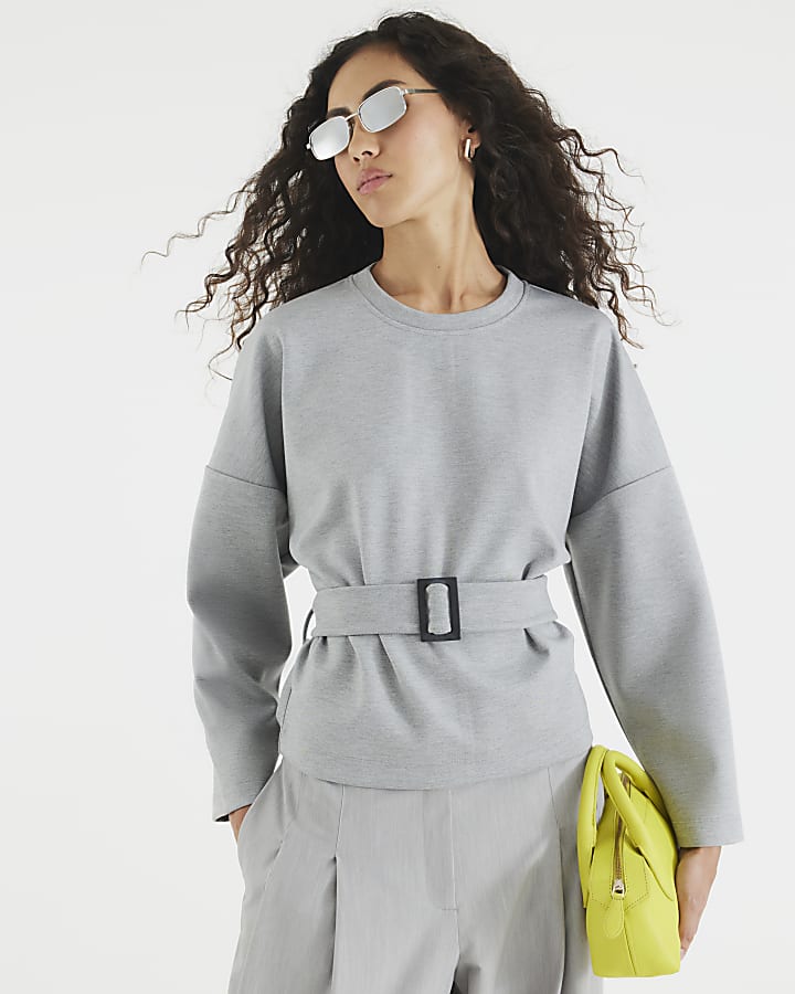Grey Long Sleeve Belted Sweatshirt