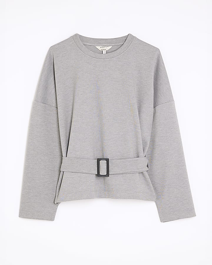 Grey Long Sleeve Belted Sweatshirt