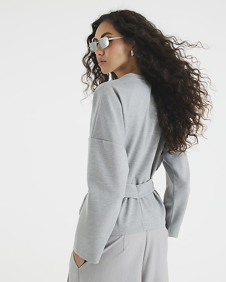 Grey Long Sleeve Belted Sweatshirt