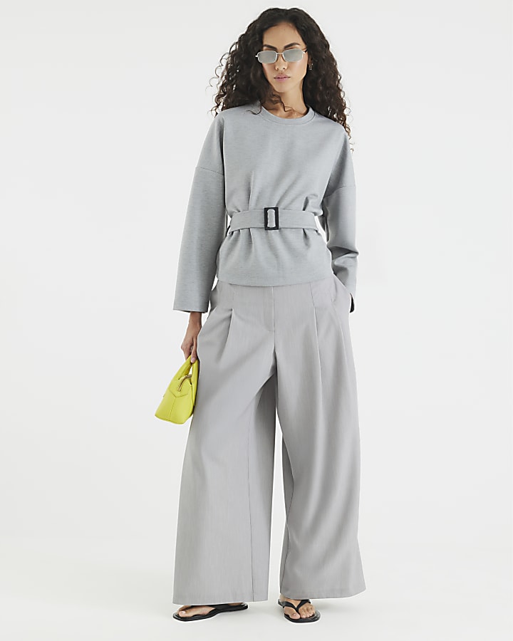 Grey Long Sleeve Belted Sweatshirt