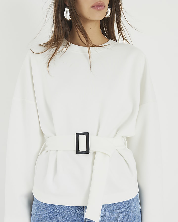 White Long Sleeve Belted Sweatshirt