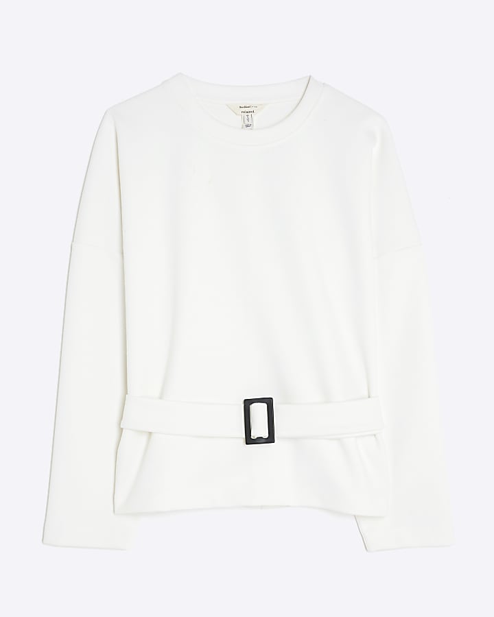 White Long Sleeve Belted Sweatshirt