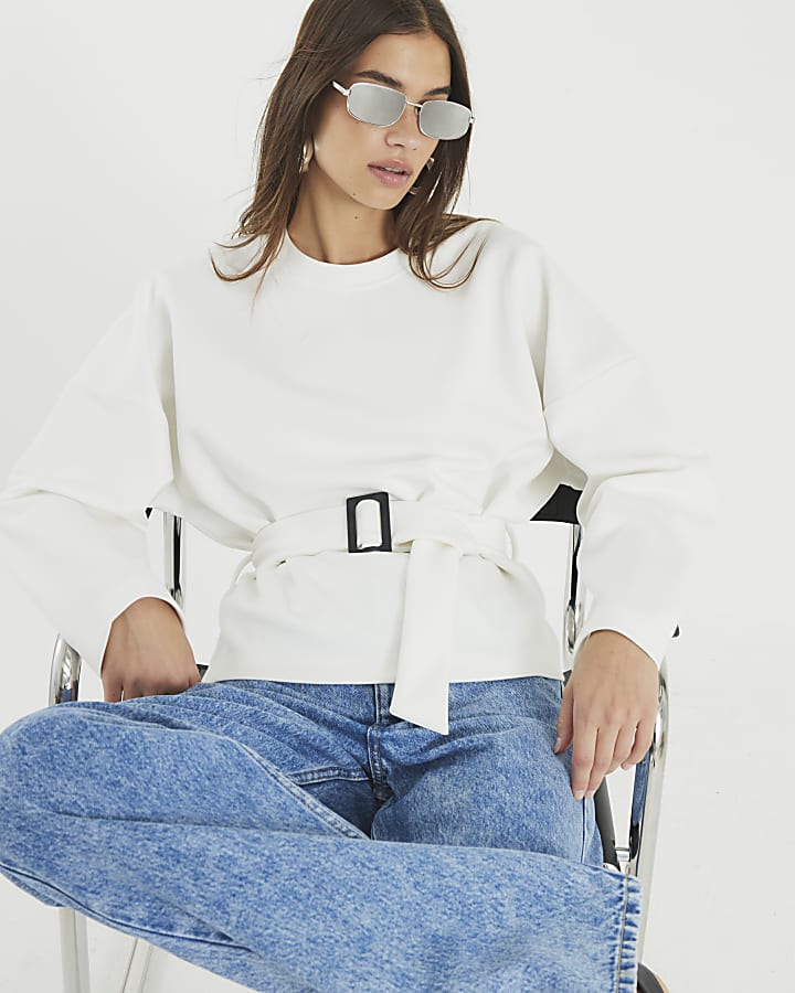 White Long Sleeve Belted Sweatshirt