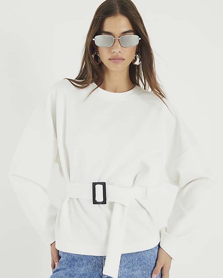 White Long Sleeve Belted Sweatshirt