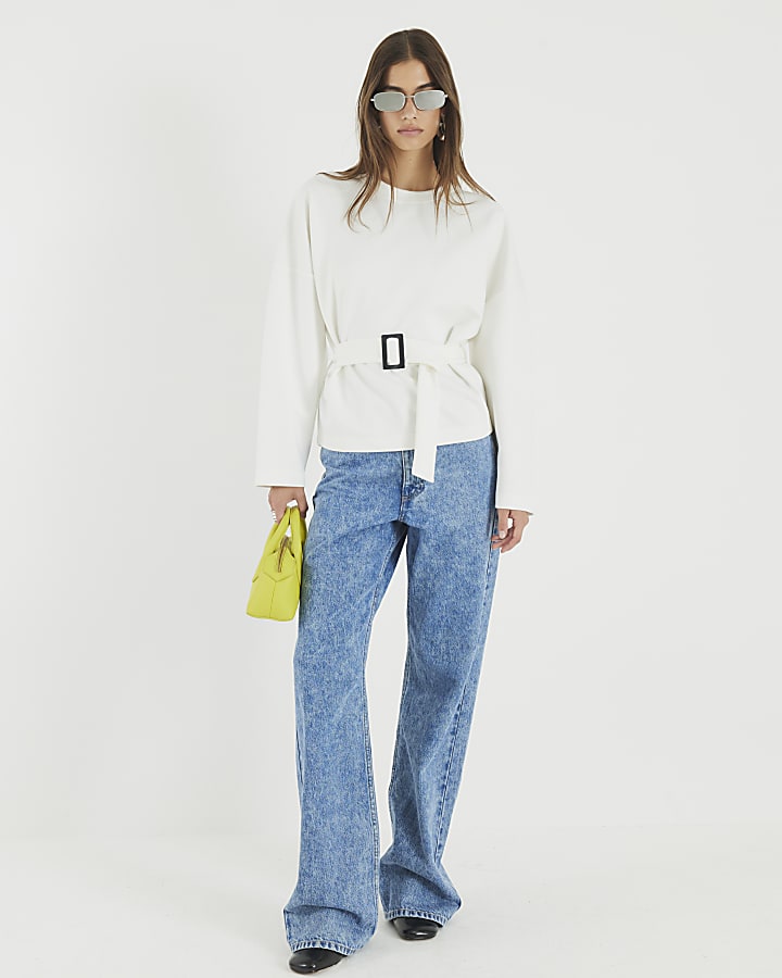 White Long Sleeve Belted Sweatshirt
