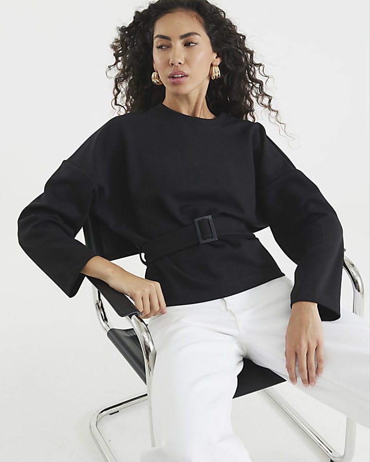 Black Long Sleeve Belted Sweatshirt