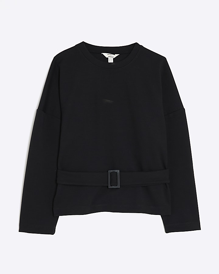 Black Long Sleeve Belted Sweatshirt
