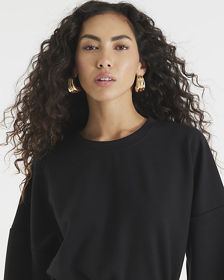 Black Long Sleeve Belted Sweatshirt