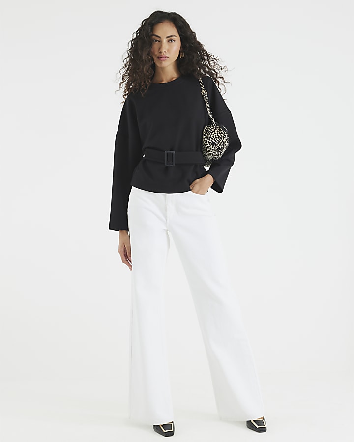 Black Long Sleeve Belted Sweatshirt