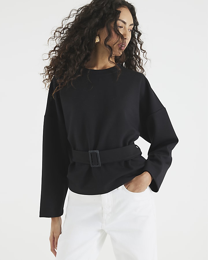 Black Long Sleeve Belted Sweatshirt