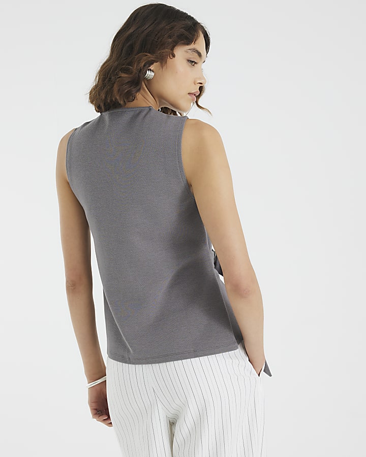 Grey Sleeveless Jacquard Ring Tie Tunic Top