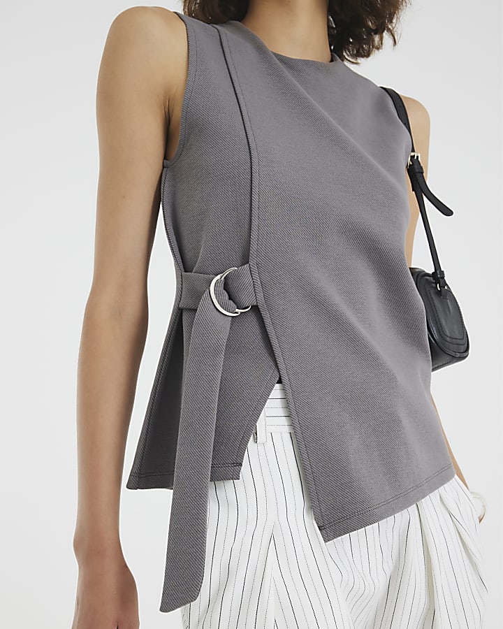 Grey Sleeveless Jacquard Ring Tie Tunic Top