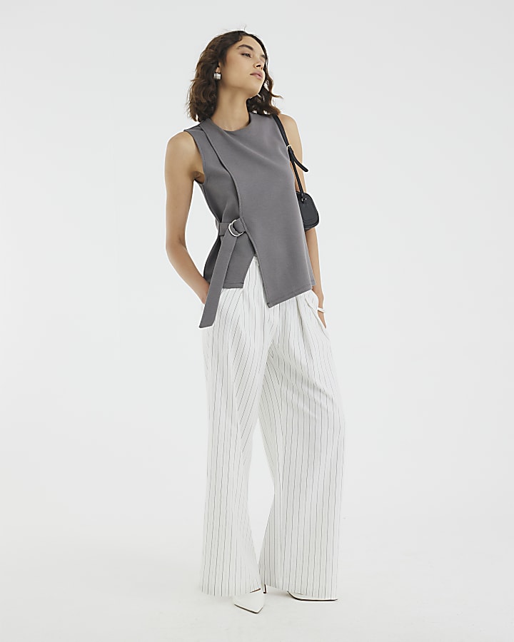 Grey Sleeveless Jacquard Ring Tie Tunic Top