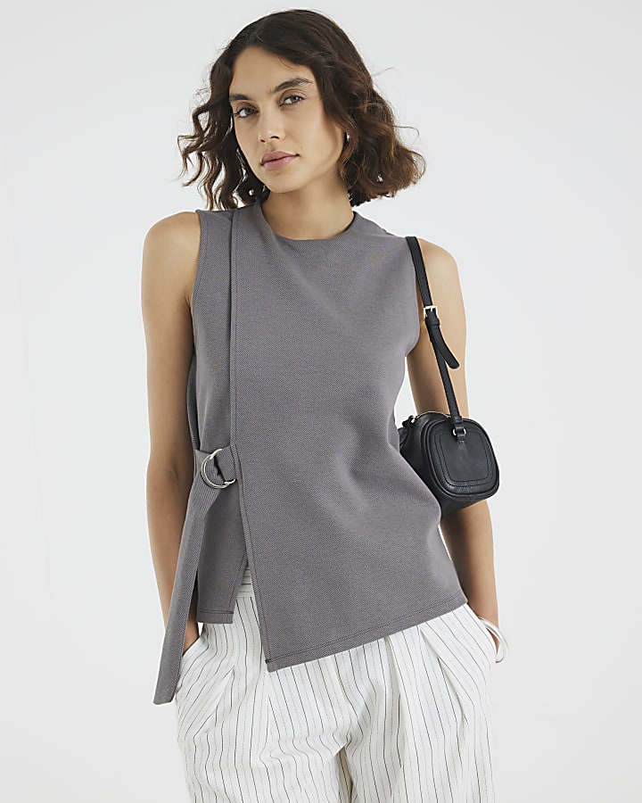 Grey Sleeveless Jacquard Ring Tie Tunic Top