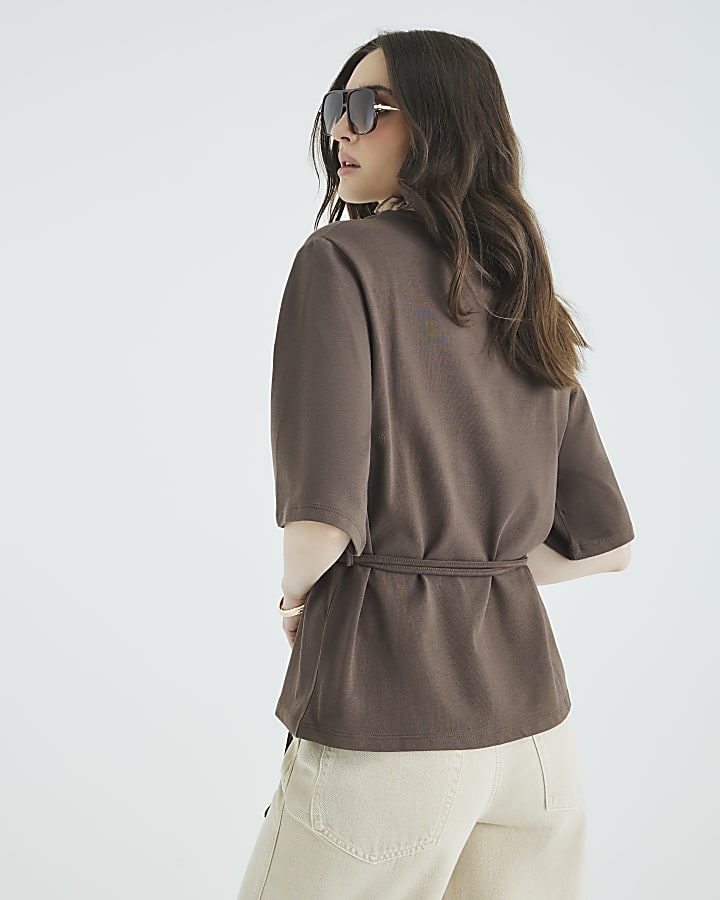 Brown Short Sleeve Belted Tie Waist T-shirt