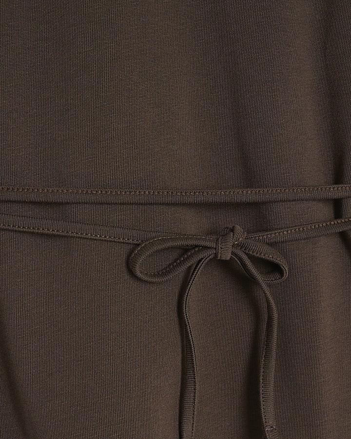 Brown Short Sleeve Belted Tie Waist T-shirt