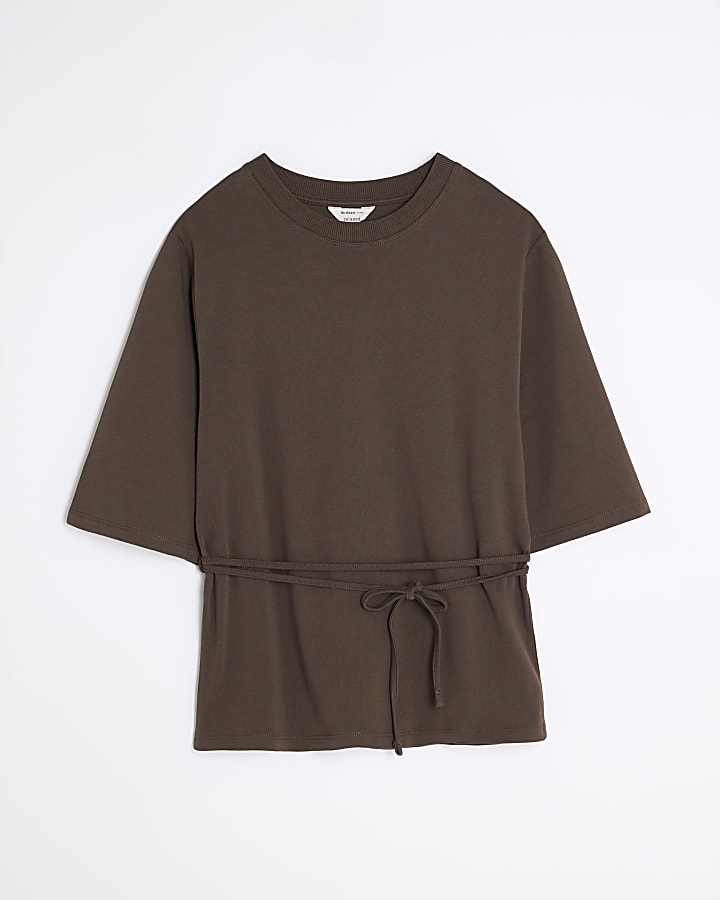 Brown Short Sleeve Belted Tie Waist T-shirt
