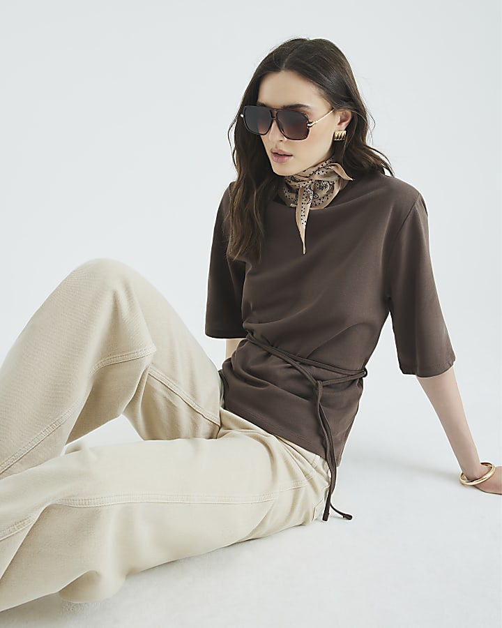 Brown Short Sleeve Belted Tie Waist T-shirt
