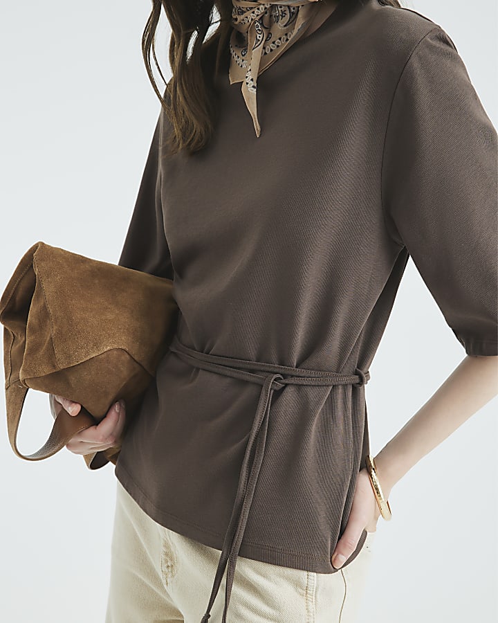 Brown Short Sleeve Belted Tie Waist T-shirt