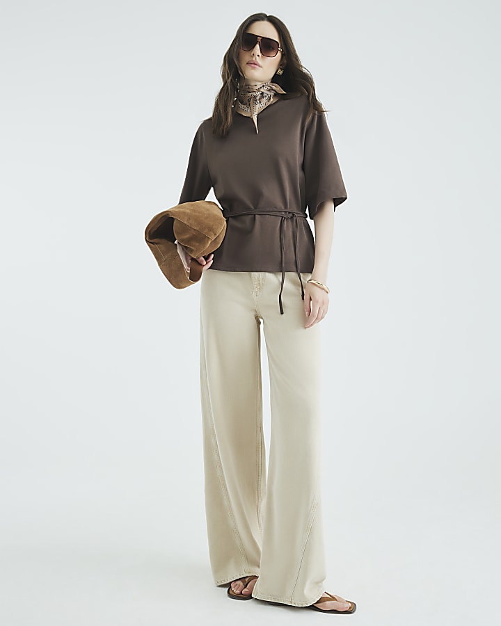 Brown Short Sleeve Belted Tie Waist T-shirt