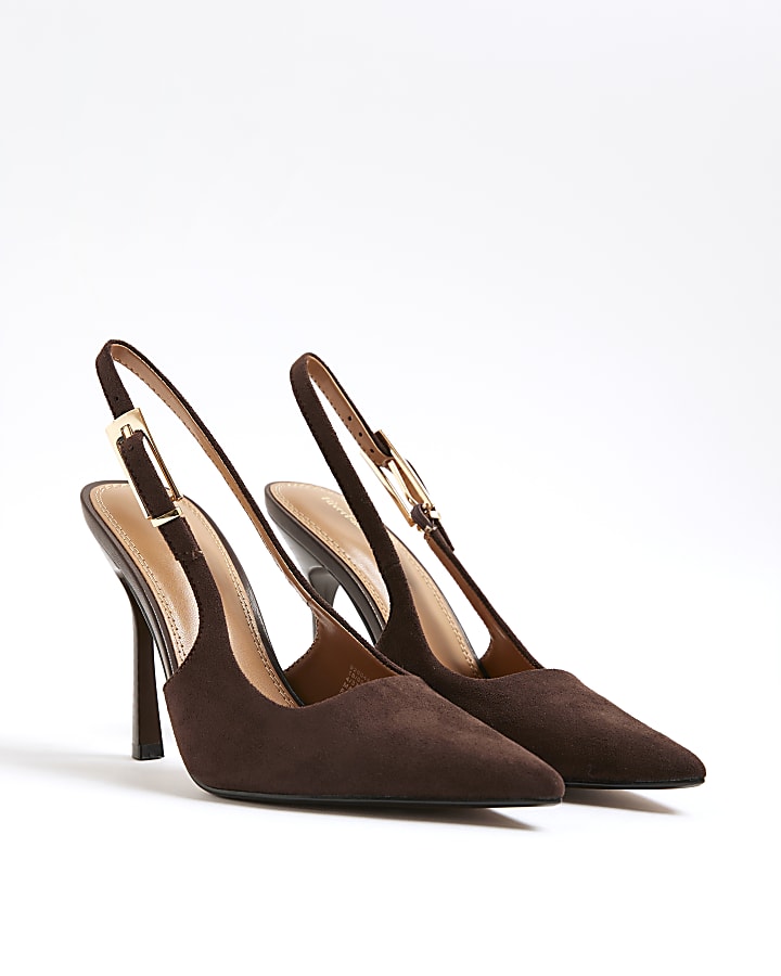 Brown Faux Suede Slingback Court Heels