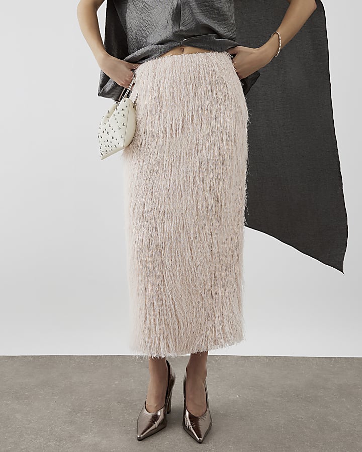 RI Studio Pink Maxi Fringe pencil Skirt