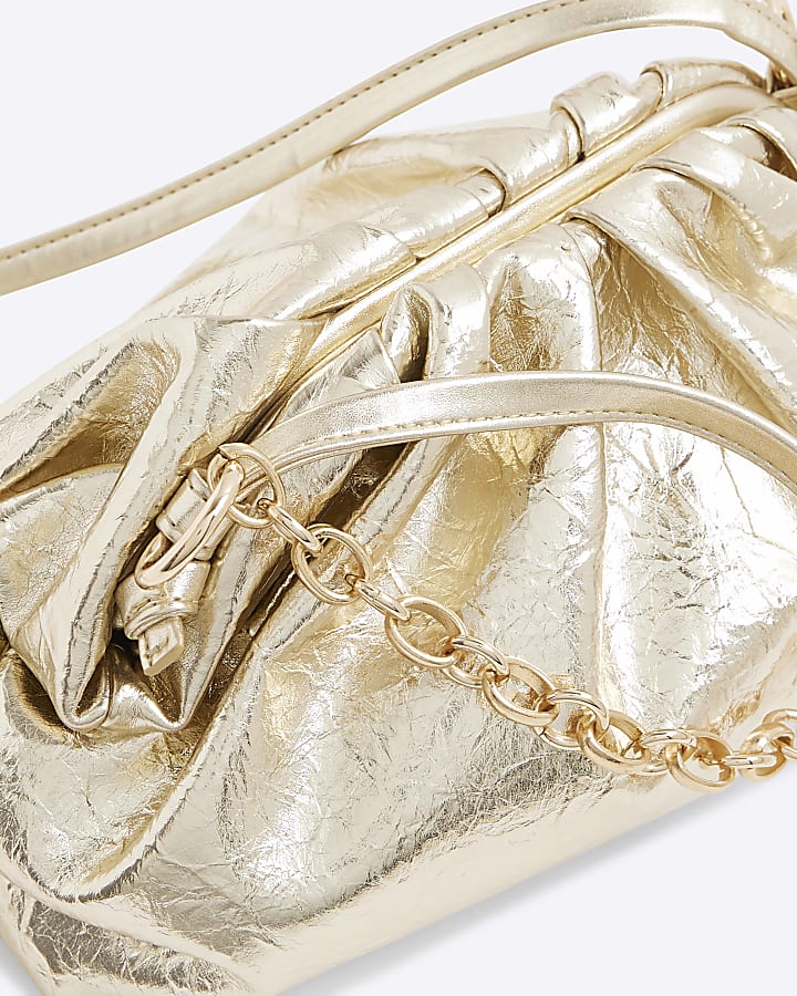 Gold Ruched Chain Detail Cross Body Bag