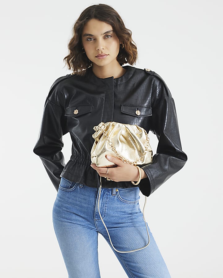 Gold Ruched Chain Detail Cross Body Bag