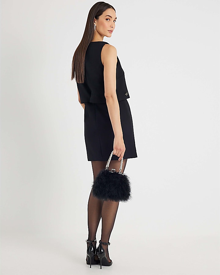 Black Embellished Layered Mini Shift Dress