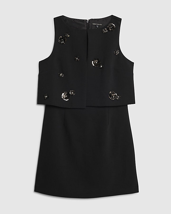 Black Embellished Layered Mini Shift Dress