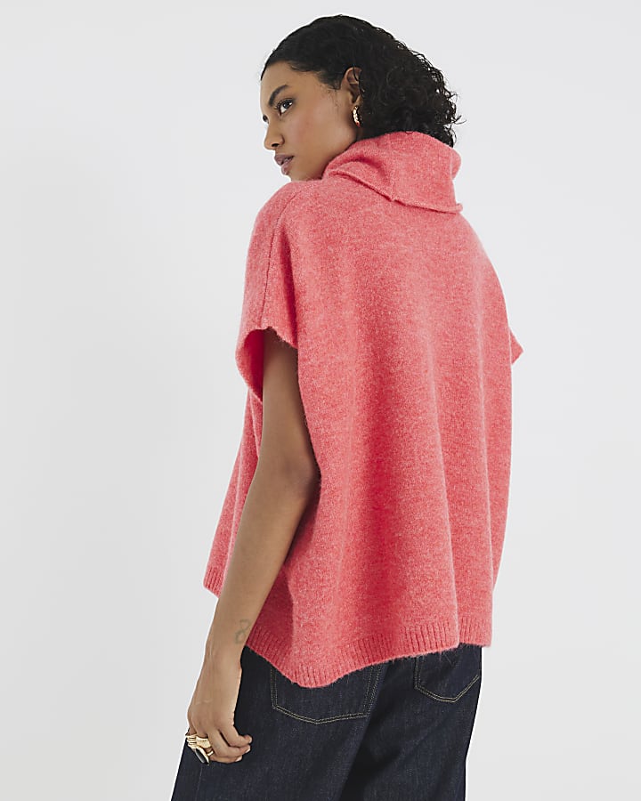 Pink Knitted Sleeveless Roll Neck Top