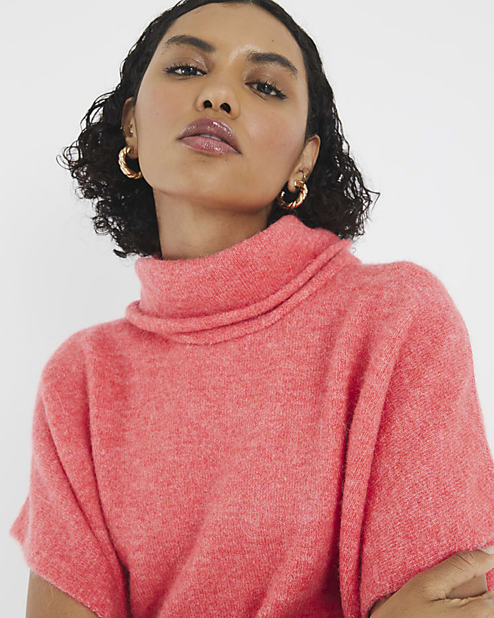 Pink Knitted Sleeveless Roll Neck Top