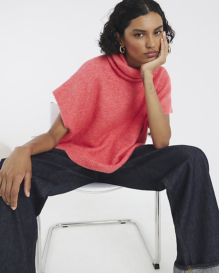 Pink Knitted Sleeveless Roll Neck Top