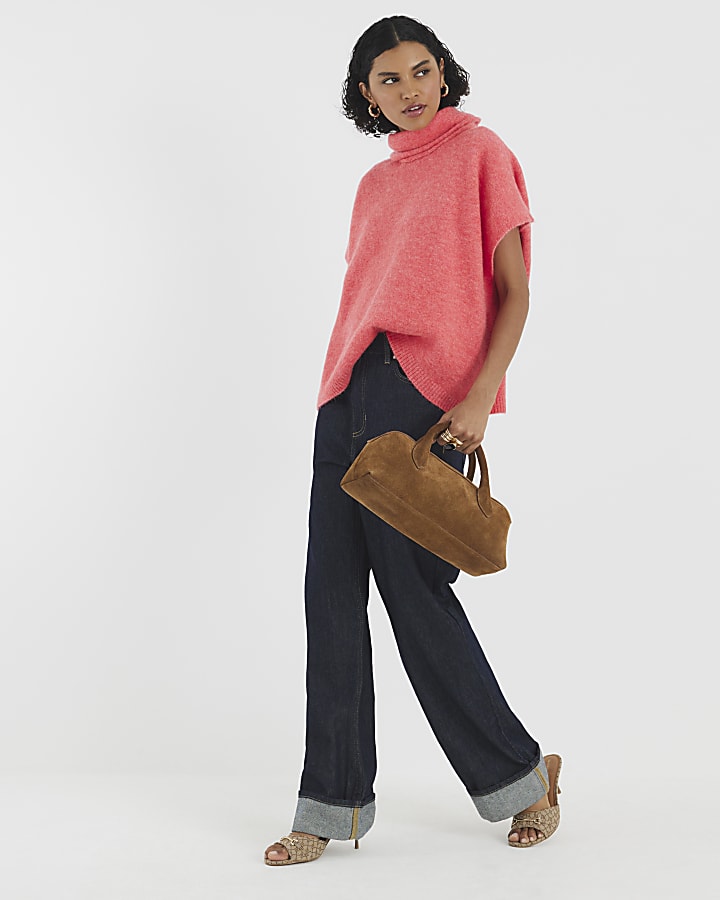Pink Knitted Sleeveless Roll Neck Top