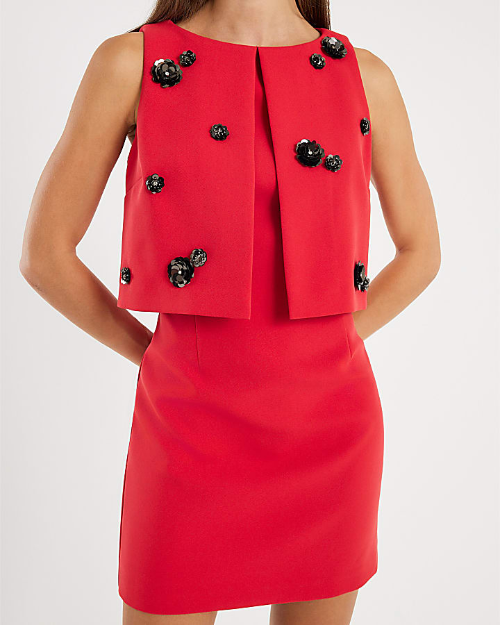 Red Embellished Layered Mini Shift Dress