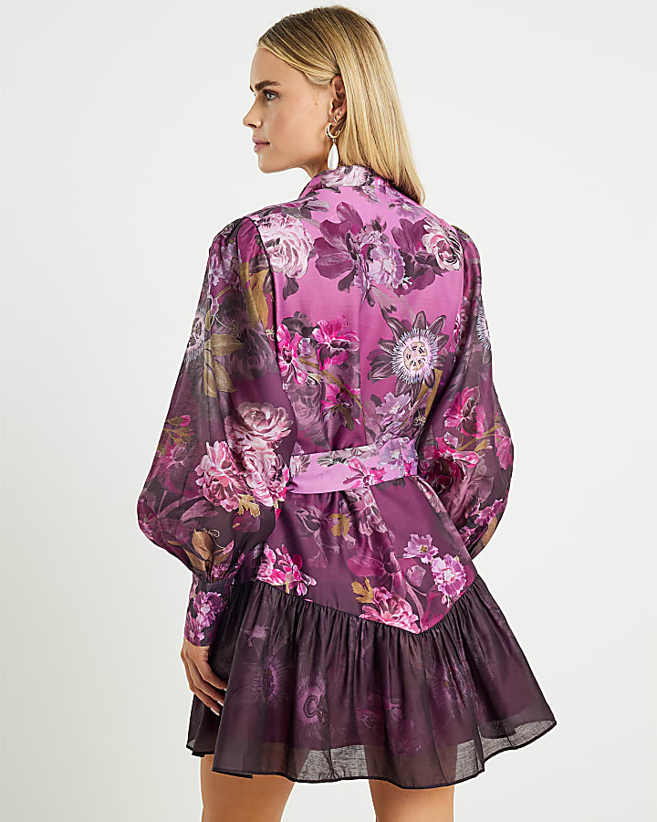 Petite Purple 3D Floral Belted Mini Dress