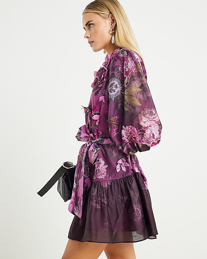 Petite Purple 3D Floral Belted Mini Dress