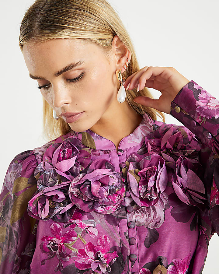 Petite Purple 3D Floral Belted Mini Dress