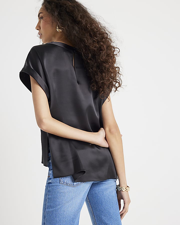 Black Satin Short Sleeve Turn Back Cuff Top