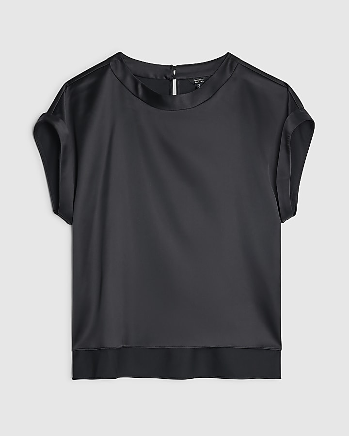 Black Satin Short Sleeve Turn Back Cuff Top
